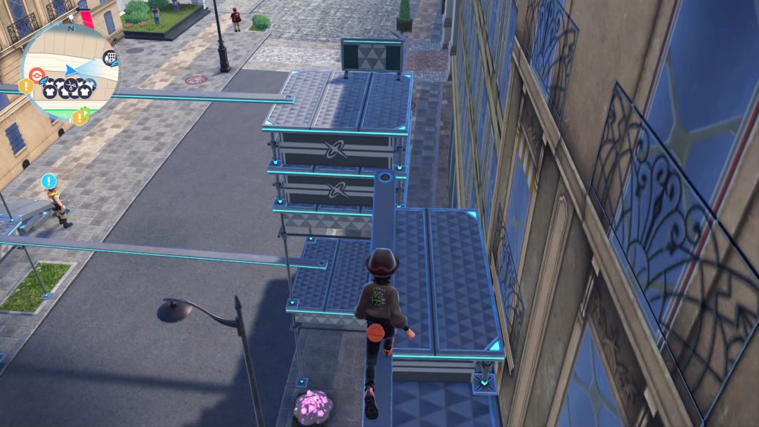 The Pokemon Trainer ascends along a beam that extends to the left, toward another stack of scaffolding.