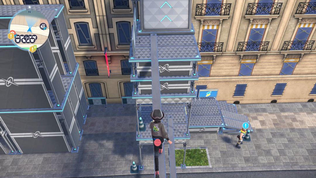 The Pokemon Trainer crosses back over the street toward Froakie's perch, with Surv visible on the street.