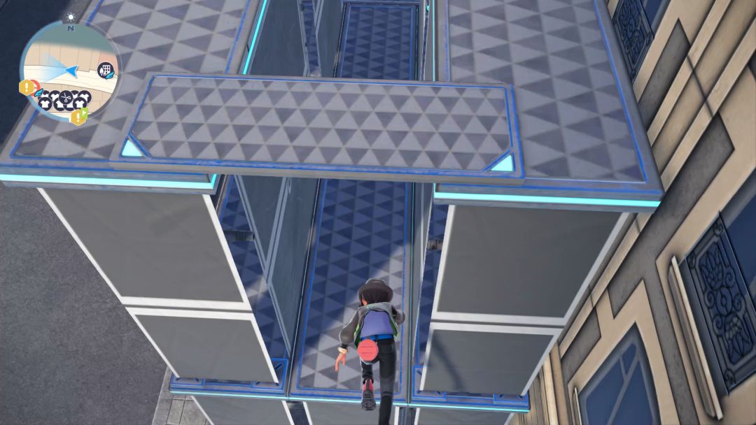 Near the start of the third scaffolding course, the Pokem rolls forward and lands on the far side of a narrow gap.