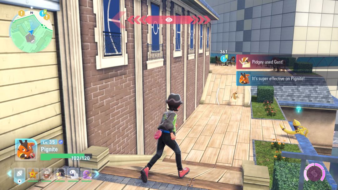 An Abra rests on the edge of a rooftop, looking out over Wild Zone 5 as the Pokemon Trainer approaches from behind.