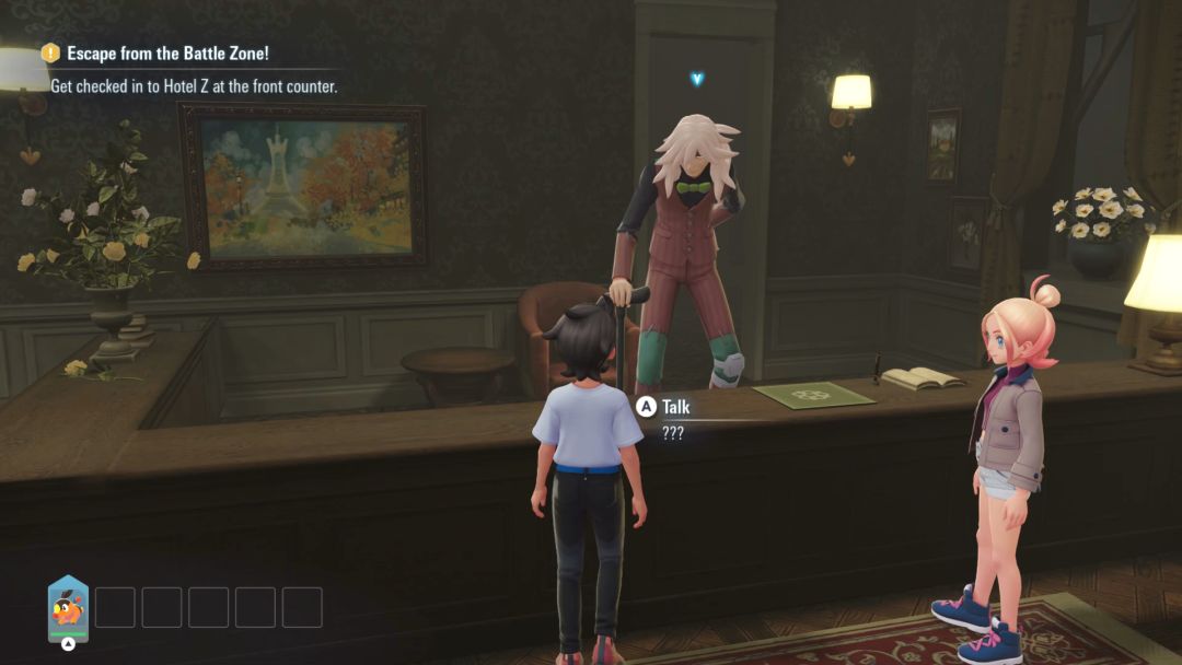 The Pokemon Trainer stands at the desk to the left of Taunie, looking over the counter at a lanky stranger named AZ.