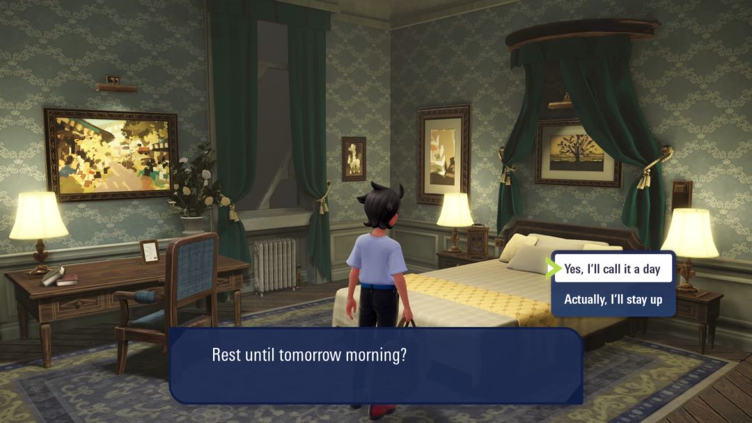 The Pokemon Trainer stands at the foot of the bed in Room 202 at the Hotel Z, and can confirm the desire to get some rest for the night.