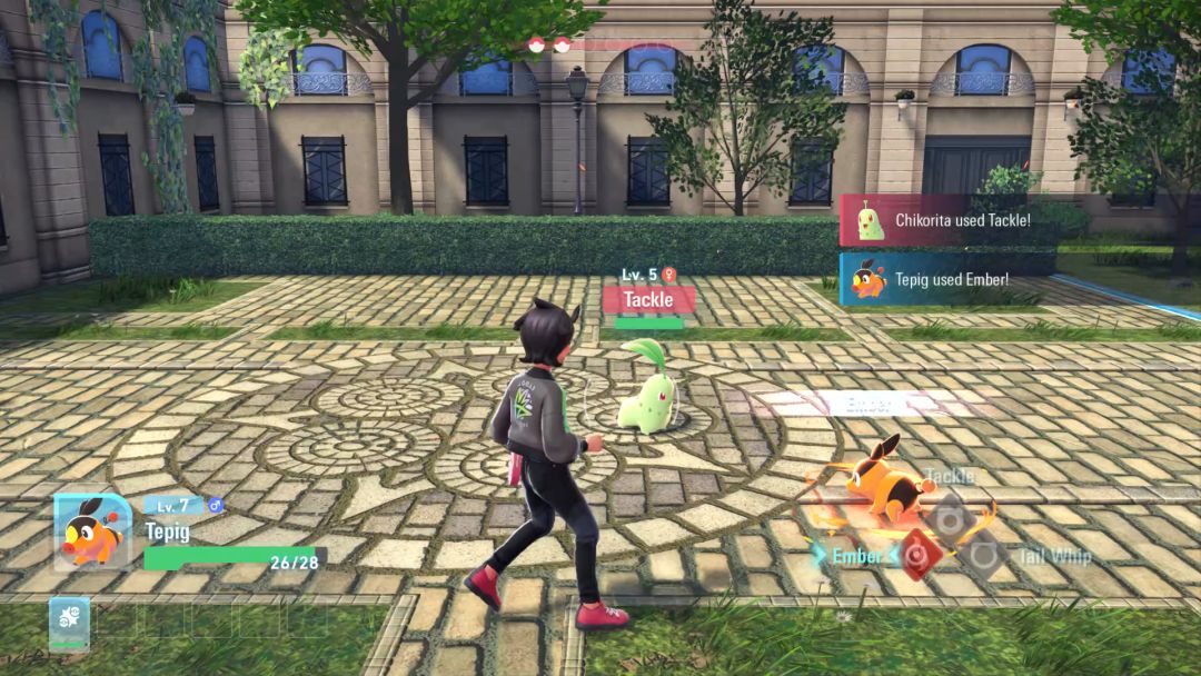 The Pokemon Trainer and Tepig face off against Chikorita during daylight in the plaza in front of the hotel.