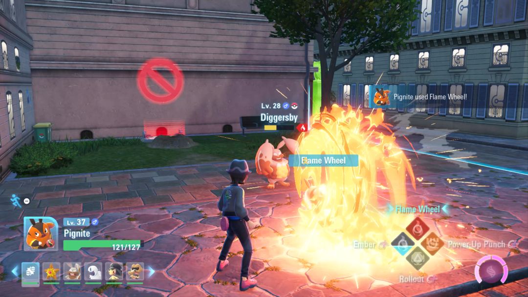 The Pignite glows as it whirls in a wheel and launches toward the wild Diggersby.