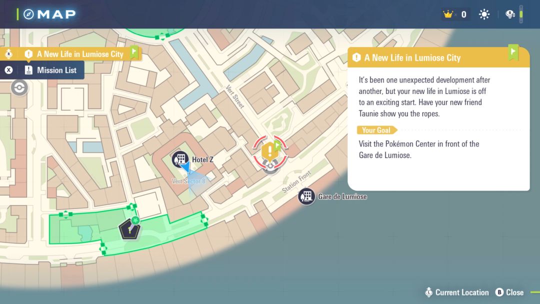 The map shows the Pokemon Trainer's current location in the plaza outside Hotel Z, with a Pokemon Center highlighted to the east.