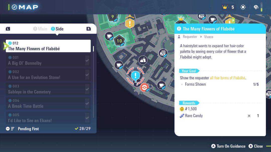 A map showing the location of Side Mission 12, near the southwest portion of Lumios City.