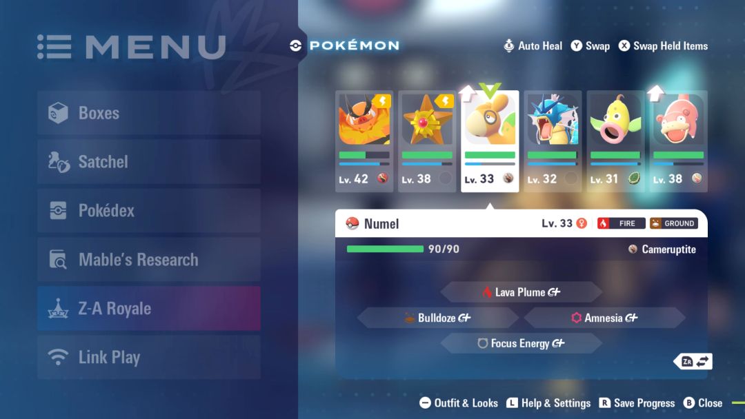 A screenshot of the menu, showing a level-33 Numel with an arrow indicating it is ready to evolve into a Camerupt.