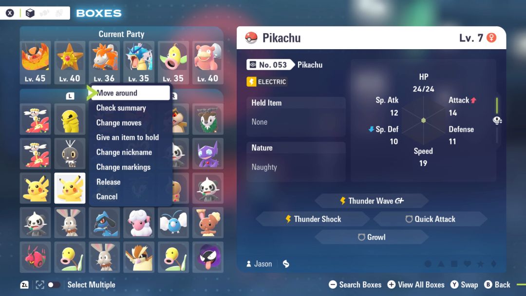 A view of the menu showing boxes, with one of several Pikachu selected. It has electrical moves available.