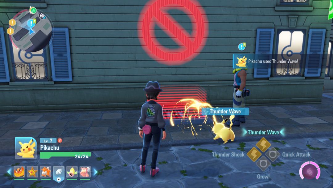 As the Pokemon Trainer and Elec watch, Pikachu uses its Thunder Wave ability on the broken holovator.