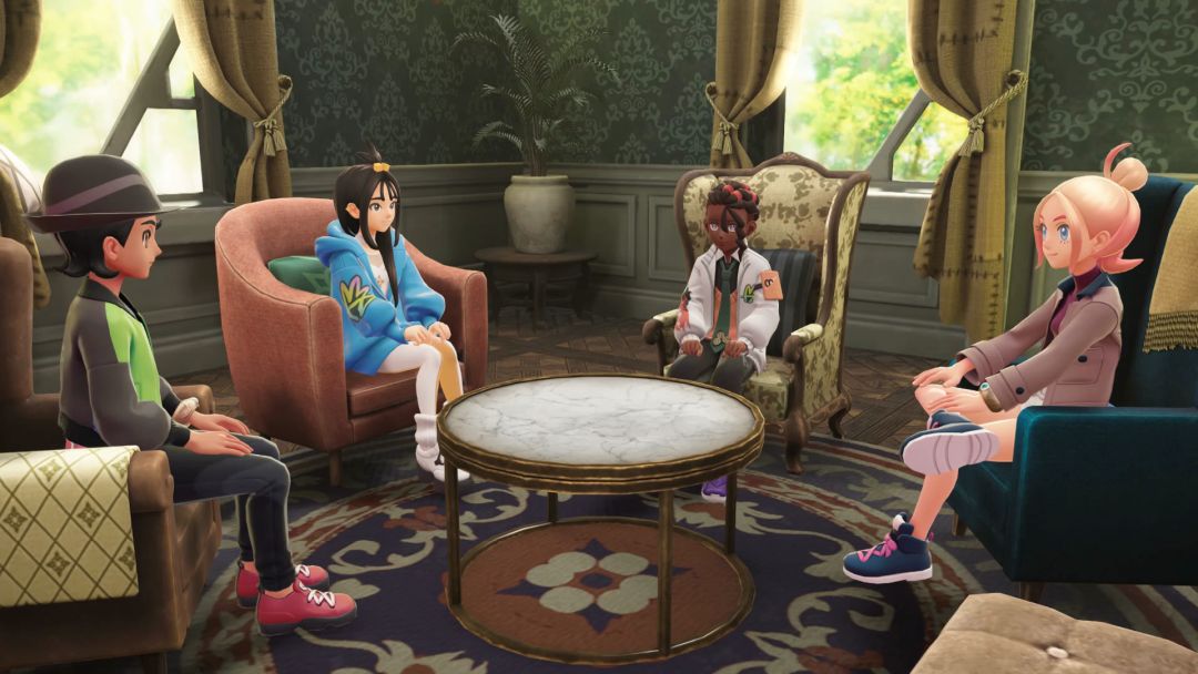 The Pokemon Trainer meets with Lida, Naveen, and Taunie in the Hotel Z lobby, following three successful missions.