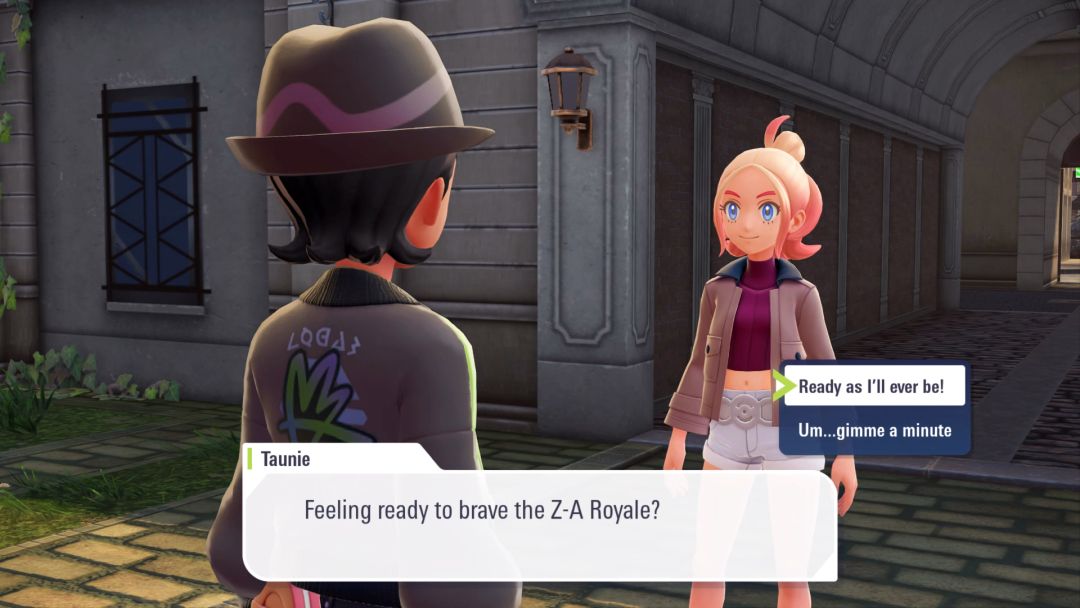 Taunie stands at the edge of the plaza near the hotel, asking the Pokemon Trainer if they are ready to brave the Z-A Royale.