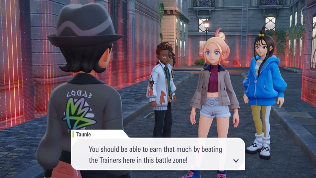 Taunie, Lida, and Naveen greet the Pokemon Trainer near the edge of the battle zone with instructions.