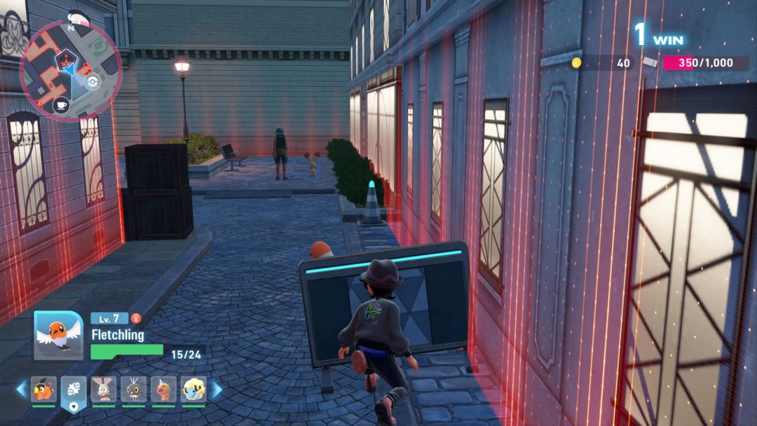 The Pokemon Trainer sneaks through the battle zone, hiding behind debris in a narrow corridor to get close to his rival and launch a surprise attack.