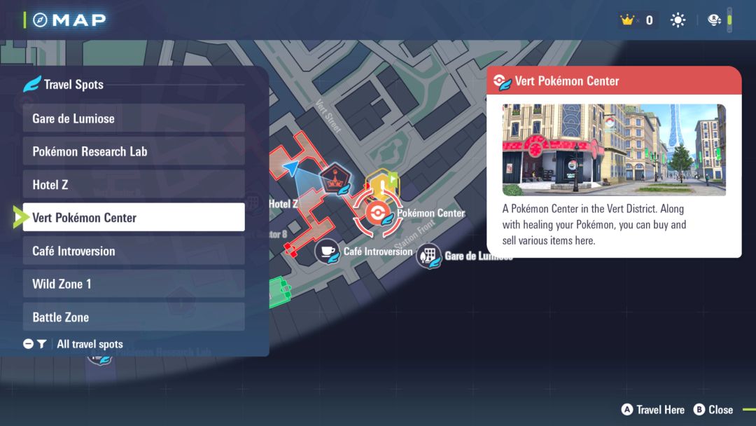 A menu showing the map with the Vert Pokemon Center selected for fast travel purposes.