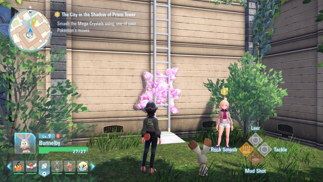 Bunnelby faces Mega Crystals on the hotel wall as the Pokemon Trainer and Taunie watch in anticipation.