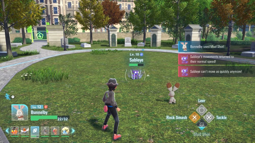 A battle with Sableye. Bunnelby has just recently used its Mud Shot move, slowing its opponent.