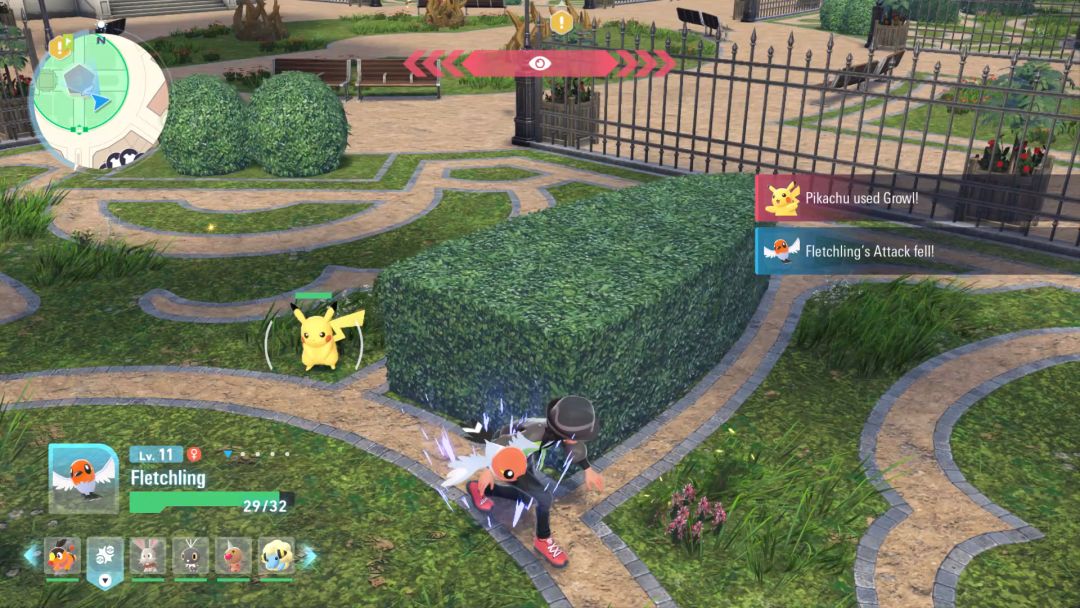 In Wild Zone 3, the Pokemon Trainer and Fletchling duck around some bushes while battling Pikachu.