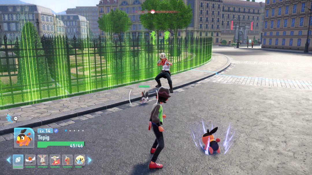 The Pokemon Trainer has Tepig out and attacking Sommi the Worker's Pokemon, Emolga.