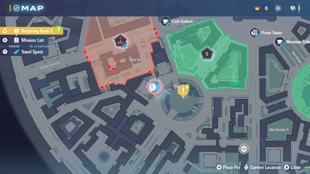 The map shows Bleu Plaza, to the southeast from the active Battle Zone, marked by an '!' in a yellow icon.