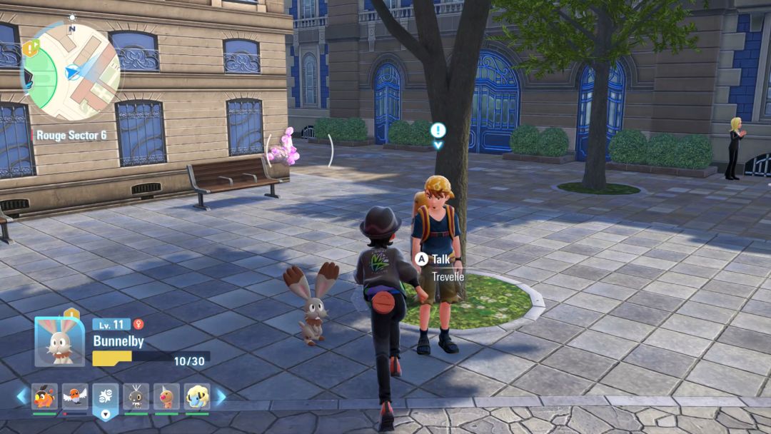 The Pokemon Trainer runs toward Trevelle, who is standing in front of a tree just east of Wild Zone 3.