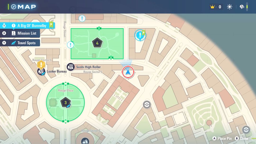 A view of the map showing where to find Trevelle once he moves to his secondary location, as indicated by the blue bubble with the '!' in it.