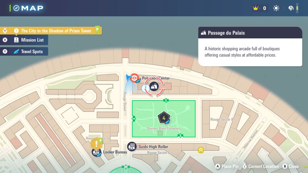 A map showing Tracie's location, in the shopping corridor to the east of the Rouge Pokemon Center, north of Wild Zone 4.