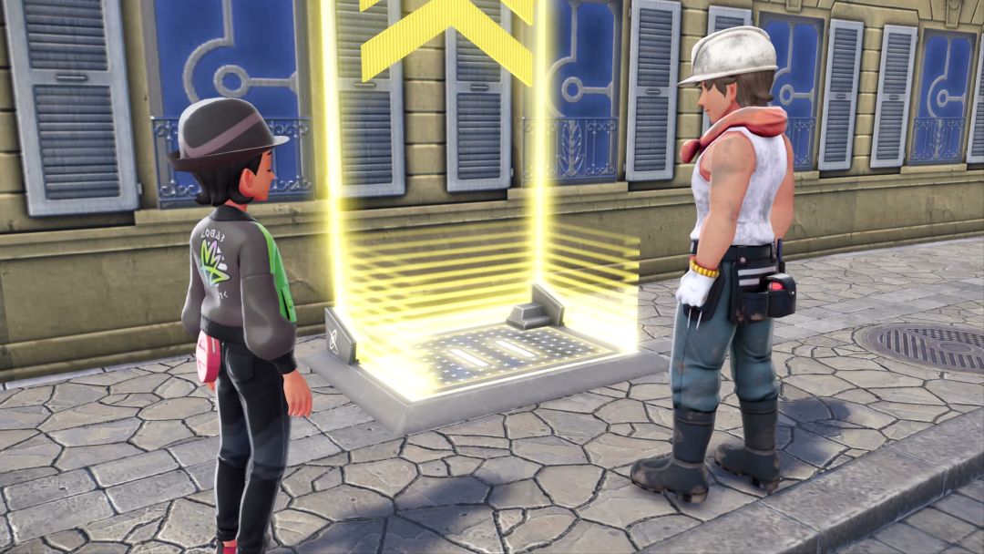 The Pokemon Trainer and Sommi the Worker look at the repaired Holovator, which is now yellow instead of red.