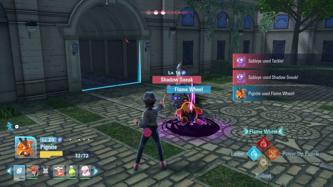 Pignite battles Sableye with Flame Wheel, while its shadowy enemy uses the Shadow Sneak move in the courtyard in front of Hotel Z.